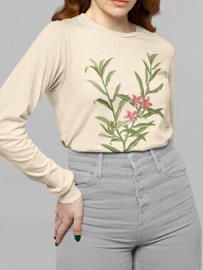 Willow-Leaved Crowea Vintage Floral Print Long Sleeve Graphic Tee T-shirt S-XXL